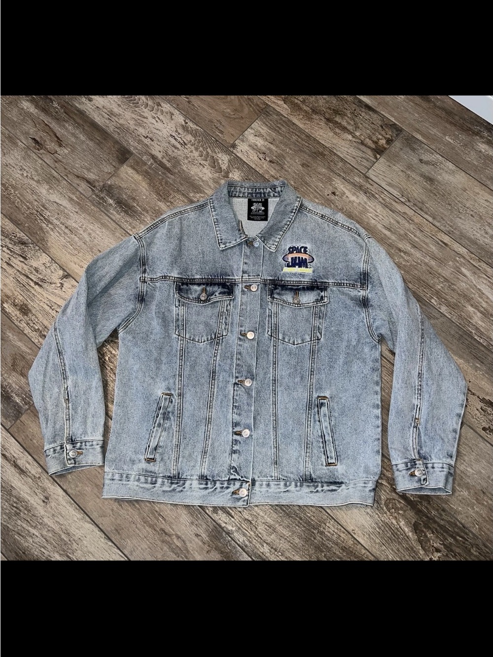Forever 21 Light Blue Washed Denim Trucker Jacket with Space Jam Embroidery, XL